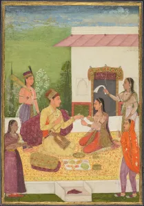 A prince conversing with a woman while taking refreshments on a terrace (recto)
