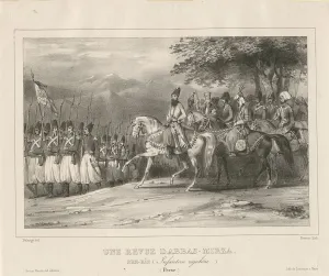 Prince, Field-Marshal Abbas Mirza (1789-1833) inspects infantry regiment, 1835. Artist Prince, Field-Marshal Abbas Mirza (1789-1833) inspects infantry regiment, 1835. Artist