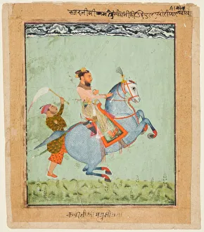 Color On Paper Prints: Prince Mathu Singh on a blue horse, c. 1720. Creator: Unknown