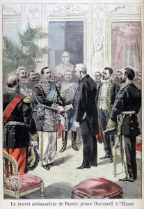 Ambassador Prints: Prince Ourousoff, ambassador of Russia meeting Felix Faure, 1898. Artist: F Meaulle