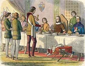 The Prince serves King John at table, 1356 (1864). Artist: James William Edmund Doyle The Prince serves King John at table, 1356 (1864). Artist: James William Edmund Doyle