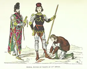 Horse Riding Prints: Prince, squire and servants in the 15th century, (1882). Creator: Unknown
