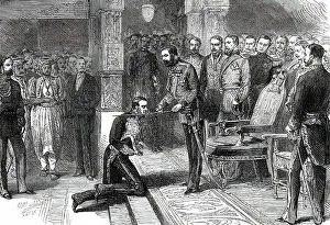 Investiture Prints: The Prince of Wales knighting the Right Hon. W. H. Gregory... 1876. Creator: Unknown