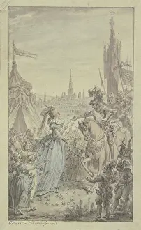Tents Prints: A princess and girls with flowers receive a knight on horseback in front of a tent