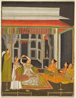 A princess on a terrace with attendants at night (recto); Calligraphy (verso), c. 1760