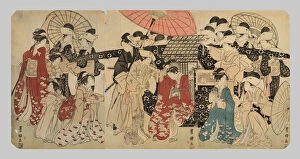 A princess traveling with her attendants descends from a palanquin, c. 1801 / 04