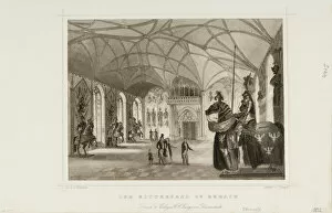 Print of Der Rittersaal zu Erbach (Interior of Gothic Revival armory of Erbach Castle)..., ca. 1850