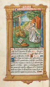 112 Printed Folios On Parchment Prints: Printed Book of Hours (Use of Rome): fol. 107v, St. Jerome and the Lion, 1510. Creator