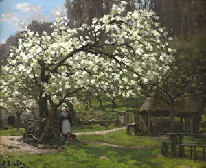 Printemps, paysanne sous les arbres en fleurs (Spring, peasant woman under... ca. 1865