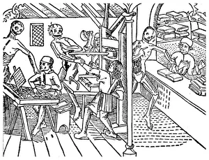 Printing Press Prints: Printworkers harrassed by skeletons, 1499 (1956)