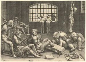 The Prison; a group of men in a dungeon bound in chains and shackles The Prison; a group of men in a dungeon bound in chains and shackles