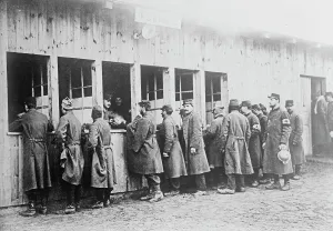 Zossen Brandenburg German Prints: Prisoners get rations, Zossen, between 1914 and c1915. Creator: Bain News Service