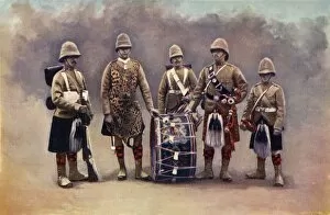 Black Watch Gallery: Private, Drummers, Piper, and Bugler - The Black Watch, 1900. Creator: Knight