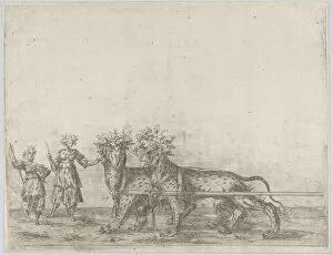 Procession, with two figures and two lions, 16th century. 16th century. Creator: Anon