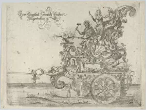 Procession, with a male and two female figures seated on a float, 16th century., 16th century. Creator: Anon