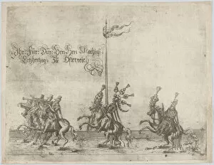 Procession, with men riding horses; three men playing trumpets at front, a knight ..., 16th century. Creator: Anon