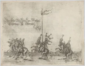 Trumpets Prints: Procession, with men riding horses; three men playing trumpets at front