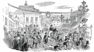Queen Bess Prints: The Procession near the Corn Exchange, Warwick May Fair Show, 1850. Creator: Unknown