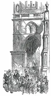 The Procession passing St. Mary's Church, Warwick May Fair Show, 1850. Creator: Unknown