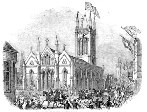 Northamptonshire Gallery: The procession, passing St. Michaels Church, Stamford, 1844. Creator: Unknown