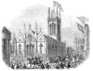 The procession, passing St. Michaels Church, Stamford, 1844. Creator: Unknown