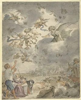 Winged Figures Prints: The proclamation to the shepherds, 1677. Creator: Cornelis Saftleven