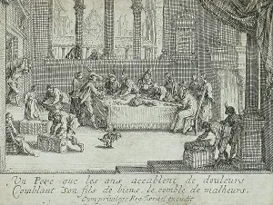 Chests Prints: The Prodigal Son Receives His Inheritance, 1634. Creator: Jacques Callot
