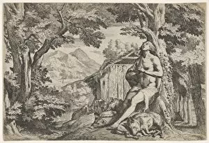 The prodigal son seated at the base of a tree among swine, his gaze directed upward