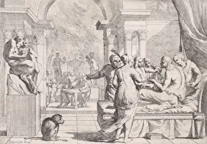 The prodigal son seated on a couch being served wine, revelers in the background, a mo The prodigal son seated on a couch being served wine, revelers in the background, a mo