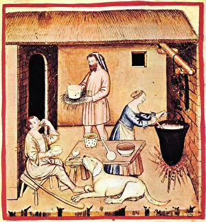 The production of cheese. A miniature from Tacuinum Sanitatis, Second Half of 14th cen Artist: Anonymous