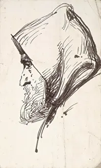 Nose Prints: Profile Head of Bearded Man Wearing a Hood, c1840-1867. Creator: John Phillip