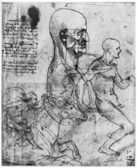 Images Dated 19th June 2008: Profile of a mans head and studies of two riders, c1490 and c1504 (1954).Artist: Leonardo da Vinci