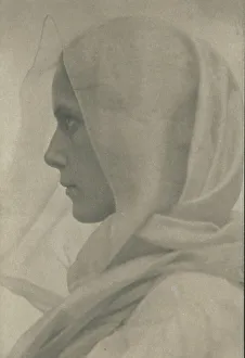 Intensity Prints: Profile portrait of woman draped with a veil, c1900. Creator: Amelia Van Buren