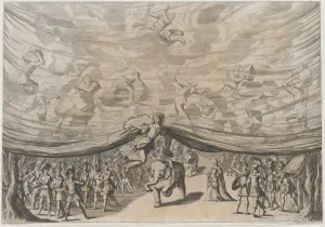 Kusel Mathaus Prints: Prologue; the stage curtain is lifted to reveal a soldier on an elephant surrounded by his