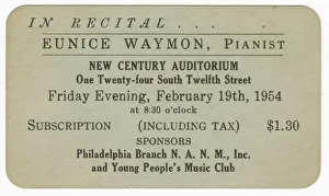 Promotional card for a piano recital given by Eunice Waymon (Nina Simone), 1954