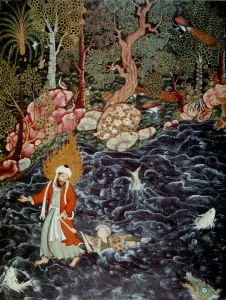 Heaven Prints: The prophet Elijah rescuing Prince Nur ad-Dahr (From the Hamzanama)