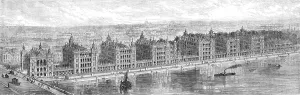 Proposed new buildings of St. Thomas's Hospital at Stangate, Lambeth, above Westminster Bridge, 1865 Creator: Unknown