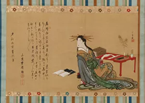 Brush Collection: A prostitute sitting beside a writing table, Edo period, 1806, 6th month