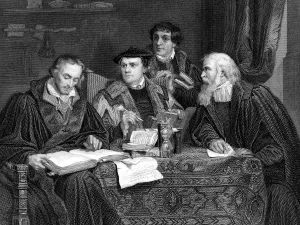 Translator Prints: Protestant theologians working on Luthers translation of the Bible, c1530s