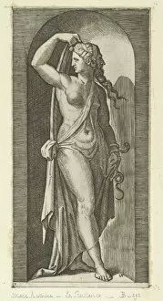 Prudence personified by a woman standing in a niche, holding a shawl in her right h..., ca. 1515-25. Creator: Marcantonio Raimondi