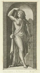 Prudence personified by a woman standing in a niche, holding a shawl in her right h..., ca. 1515-25. Creator: Marcantonio Raimondi Prudence personified by a woman standing in a niche, holding a shawl in her right h..., ca. 1515-25. Creator: Marcantonio Raimondi