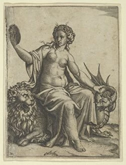 Mythological Creature Gallery: Prudence as a young woman, sitting on a lion and holding the neck of a dragon with... ca. 1510-27