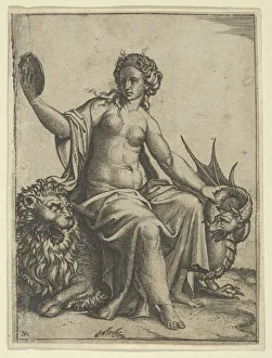 Prudence Prints: Prudence as a young woman, sitting on a lion and holding the neck of a dragon with