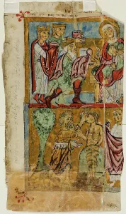 Aged Prints: Psalter Leaf: Adoration of Magi and Baptism of Christ