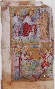 Aged Prints: Psalter Leaf: Christ in Limbo and Resurrection with Three Marys at the Tomb