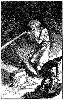 Puck helping Wayland, Smith of the Gods, to forge a sword, 1909