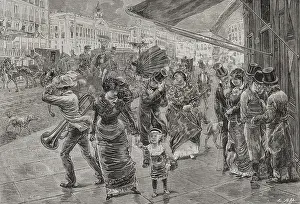 "Puerta del Sol" (Gate of the Sun), Madrid, 1878. People walking surprised by the wind. Creator: Enrique Alba
