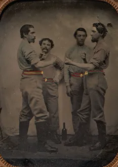 Ferrotype Prints: Four Pugilists with a Bottle at Their Feet, 1870-80s. Creator: Unknown