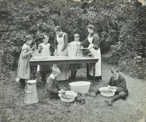 Flour Prints: Pupils preparing food outdoors, Birley House Open Air School, Forest Hill, London, 1908