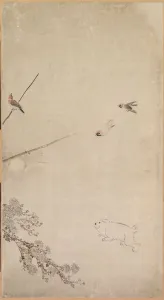Puppies, Sparrows and Chrysanthemums, 1754-1799. Creator: Nagasawa Rosetsu (Japanese, 1754-1799)